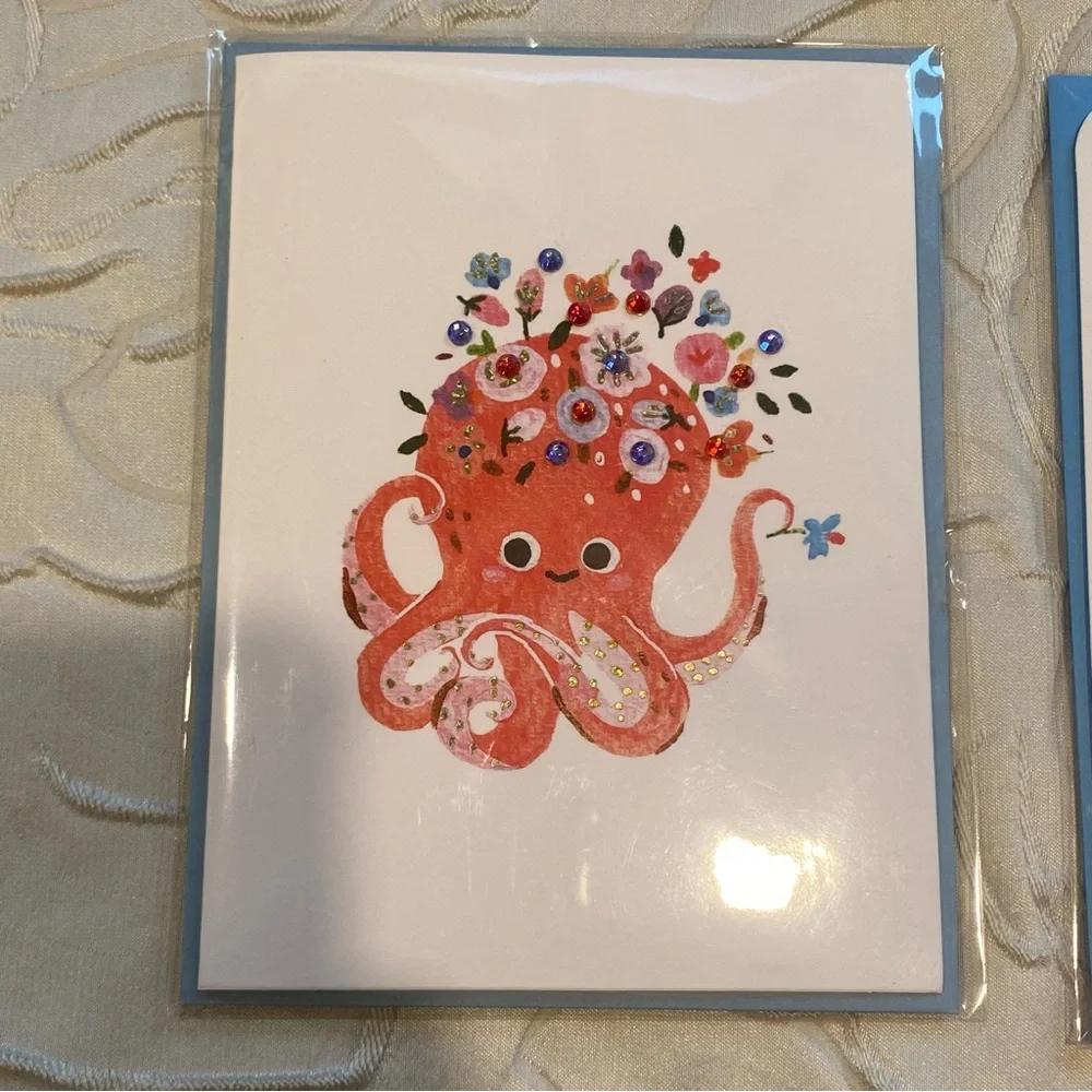 (5) Papyrus Blank Cards Octopus Moth Coastal Fish Birdcage Flowers NWT